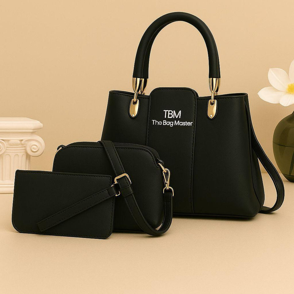 Stylish Women's 3 Pcs Rexine Hand Bag Set - Plain Design
