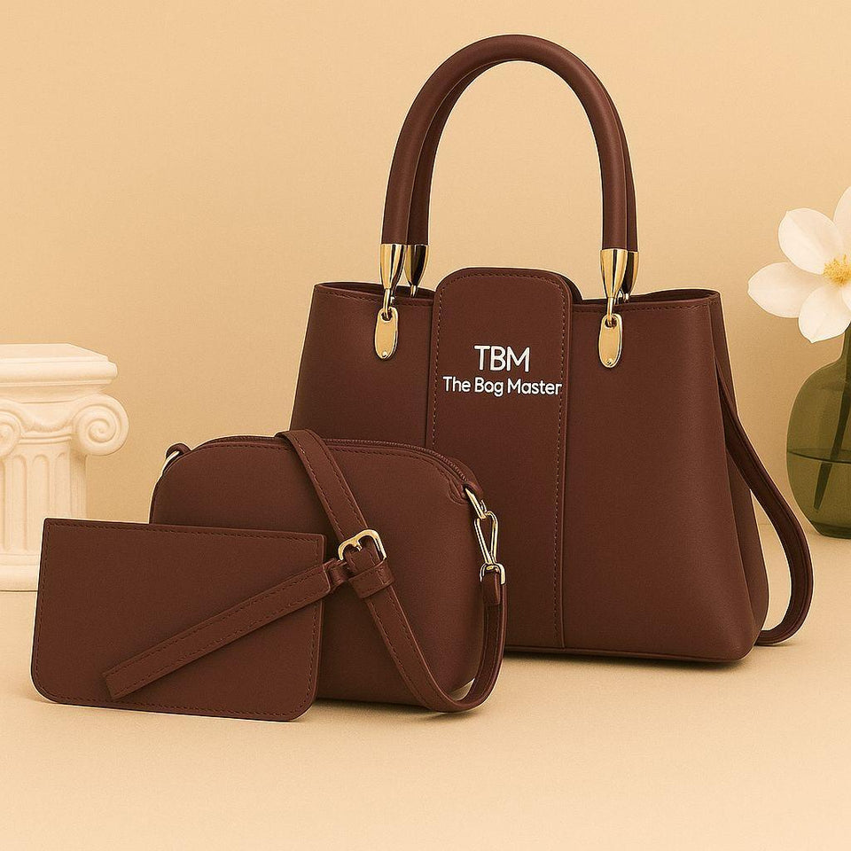 Stylish Women's 3 Pcs Rexine Hand Bag Set - Plain Design