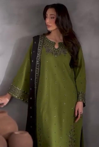 Women's Stitched Embroidered Linen Suit - 3 Pcs in Green