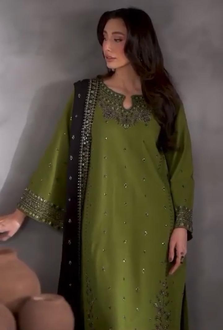 Women's Stitched Embroidered Linen Suit - 3 Pcs in Green