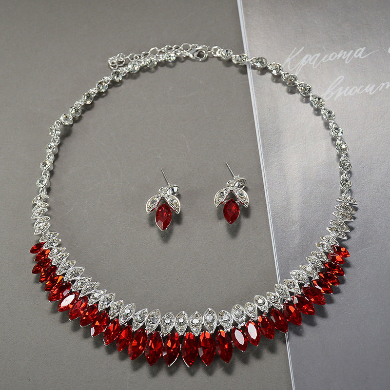 Bridal jewelry three-piece Korean wedding accessories fashion zircon large glass necklace earrings luxury suit wholesale