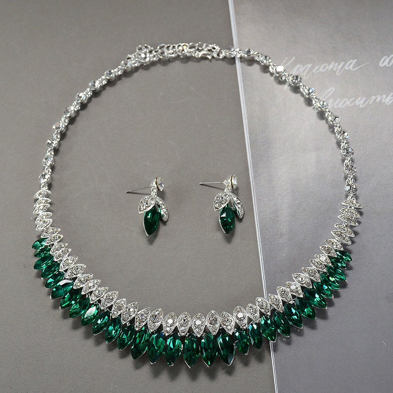 Bridal jewelry three-piece Korean wedding accessories fashion zircon large glass necklace earrings luxury suit wholesale