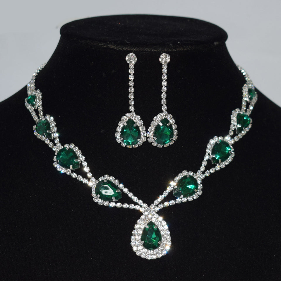 European and American temperament bridal jewelry set wedding jewelry green water drop necklace earrings set Jewelry Set