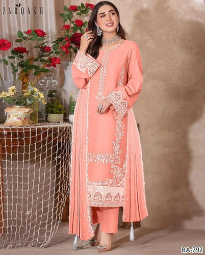 Peach Embroidered Suit Set - 3 Pcs with Stunning Dhanak Fabric