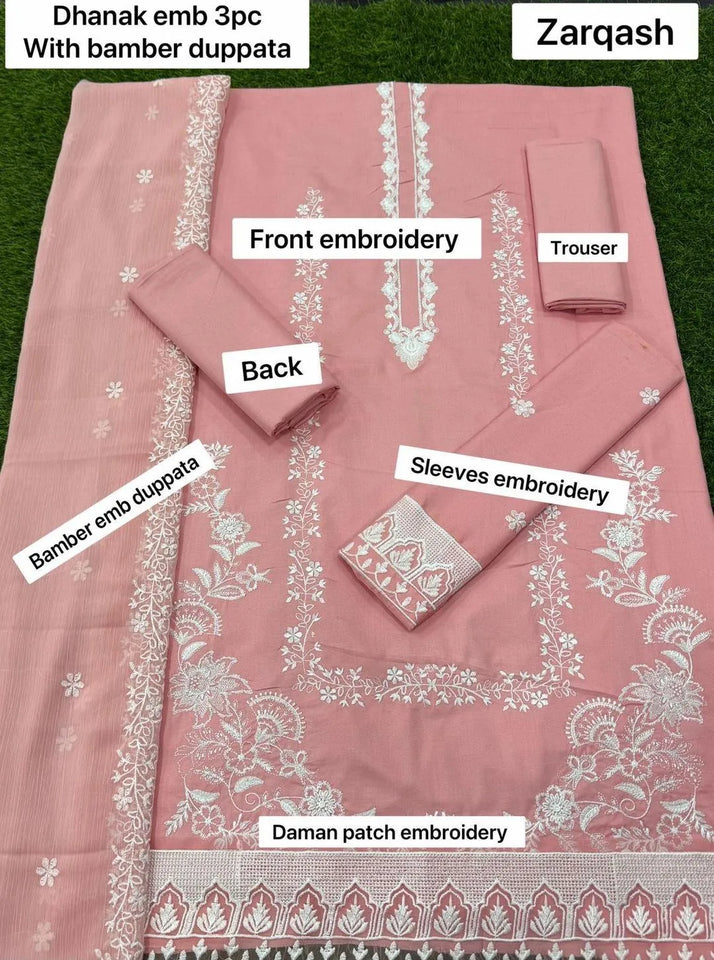 Peach Embroidered Suit Set - 3 Pcs with Stunning Dhanak Fabric