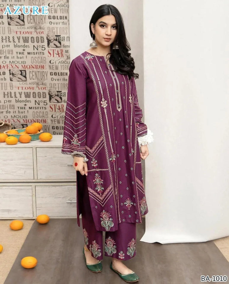 Stylish Purple Embroidered Suit - 2 Pcs Set