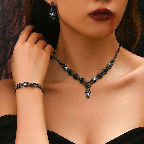 Product Name*: Amazon Explosions European and American Style Elegant Black Bridal Necklace Earrings Bracelet Three-Piece Set Necklace Set