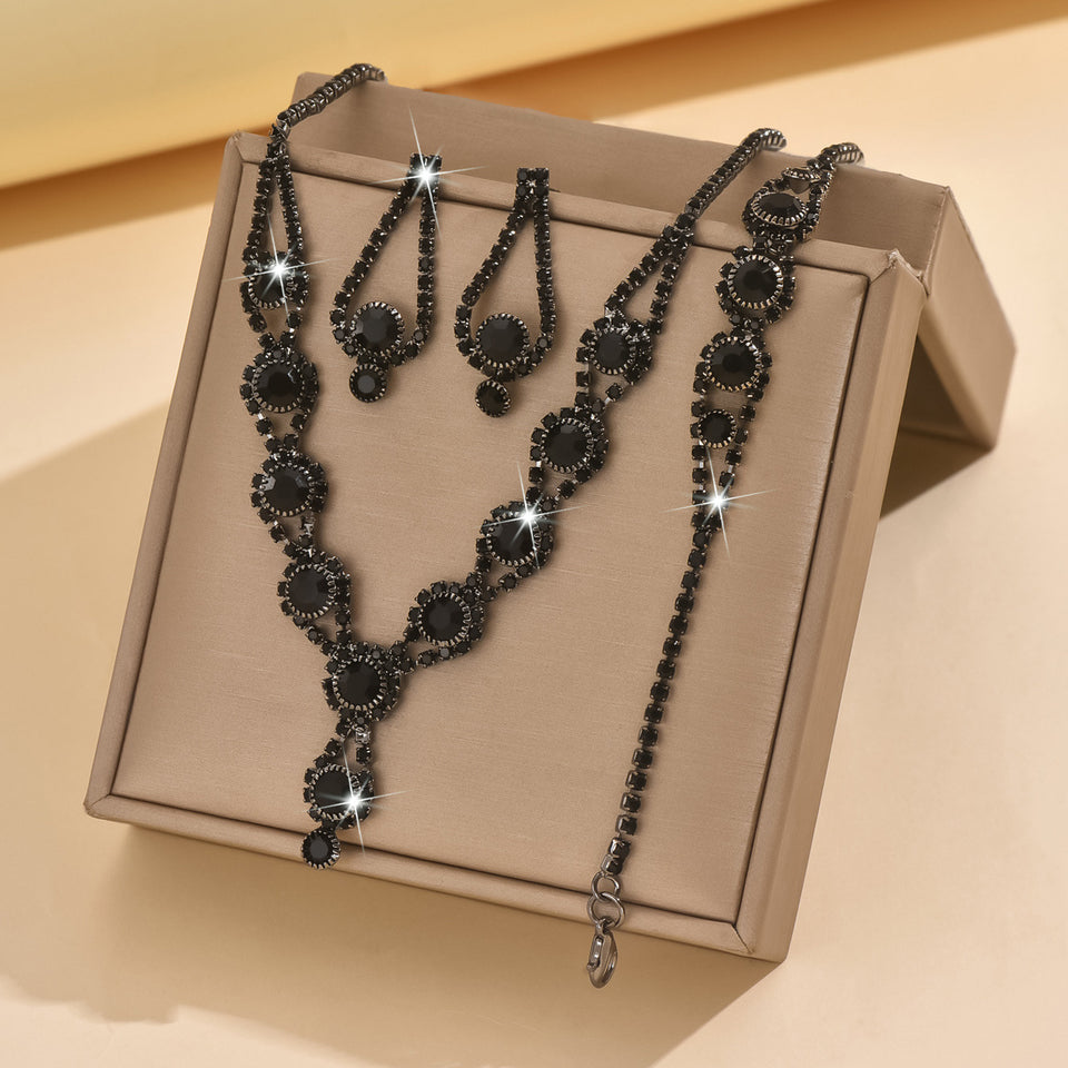Product Name*: Amazon Explosions European and American Style Elegant Black Bridal Necklace Earrings Bracelet Three-Piece Set Necklace Set