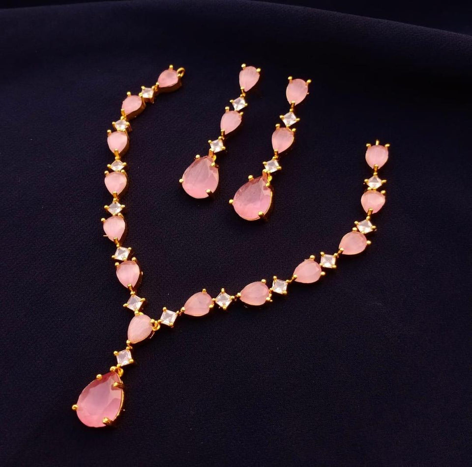 Fancy Gold Plated Necklace Set with Pink Semi Precious Stones for Women