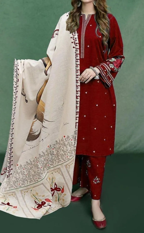 3 Pcs Women's Unstitched Embroidered Suit